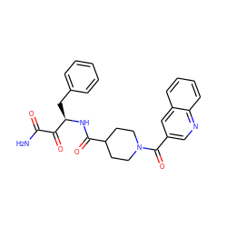 NC(=O)C(=O)[C@@H](Cc1ccccc1)NC(=O)C1CCN(C(=O)c2cnc3ccccc3c2)CC1 ZINC000026269745