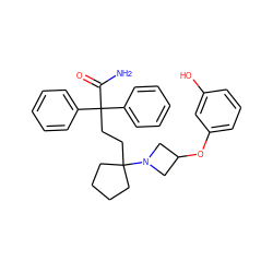 NC(=O)C(CCC1(N2CC(Oc3cccc(O)c3)C2)CCCC1)(c1ccccc1)c1ccccc1 ZINC000034984676