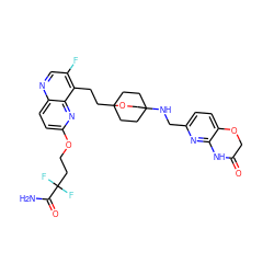 NC(=O)C(F)(F)CCOc1ccc2ncc(F)c(CCC34CCC(NCc5ccc6c(n5)NC(=O)CO6)(CC3)CO4)c2n1 ZINC000149173097