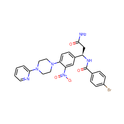 NC(=O)C[C@@H](NC(=O)c1ccc(Br)cc1)c1ccc(N2CCN(c3ccccn3)CC2)c([N+](=O)[O-])c1 ZINC000017577143