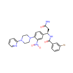 NC(=O)C[C@@H](NC(=O)c1cccc(Br)c1)c1ccc(N2CCN(c3ccccn3)CC2)c([N+](=O)[O-])c1 ZINC000038146251