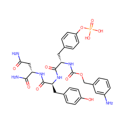 NC(=O)C[C@H](NC(=O)[C@H](Cc1ccc(O)cc1)NC(=O)[C@H](Cc1ccc(OP(=O)(O)O)cc1)NC(=O)OCc1cccc(N)c1)C(N)=O ZINC000037099214