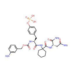 NC(=O)C[C@H](NC(=O)C1(NC(=O)[C@H](Cc2ccc(OP(=O)(O)O)cc2)NC(=O)OCc2cccc(N)c2)CCCCC1)C(N)=O ZINC000026394430