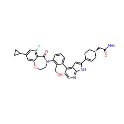 NC(=O)C[C@H]1CC=C(c2cc3c(-c4cccc(N5CCOc6cc(C7CC7)cc(F)c6C5=O)c4CO)ccnc3[nH]2)CC1 ZINC001772600646