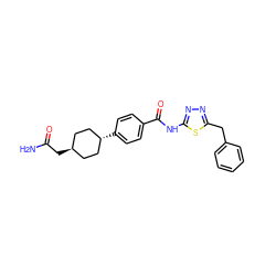 NC(=O)C[C@H]1CC[C@H](c2ccc(C(=O)Nc3nnc(Cc4ccccc4)s3)cc2)CC1 ZINC000653787725