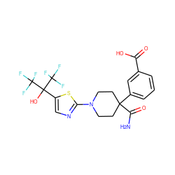 NC(=O)C1(c2cccc(C(=O)O)c2)CCN(c2ncc(C(O)(C(F)(F)F)C(F)(F)F)s2)CC1 ZINC000064746686