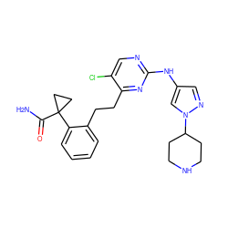 NC(=O)C1(c2ccccc2CCc2nc(Nc3cnn(C4CCNCC4)c3)ncc2Cl)CC1 ZINC000211091588