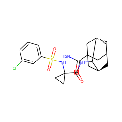 NC(=O)C12CC3C[C@@H](C1)C(NC(=O)C1(NS(=O)(=O)c4cccc(Cl)c4)CC1)[C@@H](C3)C2 ZINC001772635386