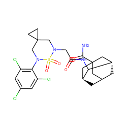 NC(=O)C12CC3C[C@@H](C1)C(NC(=O)CN1CC4(CC4)CN(c4c(Cl)cc(Cl)cc4Cl)S1(=O)=O)[C@@H](C3)C2 ZINC000101508862