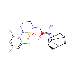 NC(=O)C12CC3C[C@@H](C1)C(NC(=O)CN1CCCN(c4c(Cl)cc(Cl)cc4Cl)S1(=O)=O)[C@@H](C3)C2 ZINC000101508847