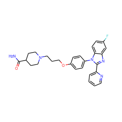 NC(=O)C1CCN(CCCOc2ccc(-n3c(-c4ccccn4)nc4cc(F)ccc43)cc2)CC1 ZINC000040975958