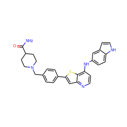 NC(=O)C1CCN(Cc2ccc(-c3cc4nccc(Nc5ccc6[nH]ccc6c5)c4s3)cc2)CC1 ZINC000013588184