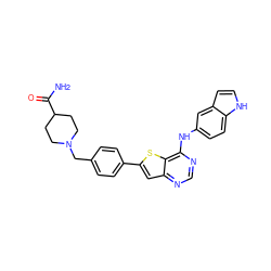 NC(=O)C1CCN(Cc2ccc(-c3cc4ncnc(Nc5ccc6[nH]ccc6c5)c4s3)cc2)CC1 ZINC000013588180