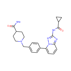 NC(=O)C1CCN(Cc2ccc(-c3cccc4nc(NC(=O)C5CC5)nn34)cc2)CC1 ZINC000096174622