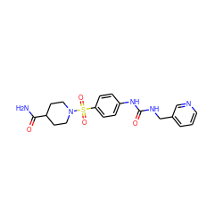 NC(=O)C1CCN(S(=O)(=O)c2ccc(NC(=O)NCc3cccnc3)cc2)CC1 ZINC000096271364