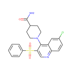 NC(=O)C1CCN(c2c(S(=O)(=O)c3ccccc3)cnc3ccc(Cl)cc23)CC1 ZINC000020381069