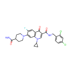 NC(=O)C1CCN(c2cc3c(cc2F)c(=O)c(C(=O)NCc2ccc(Cl)cc2Cl)cn3C2CC2)CC1 ZINC000043021329