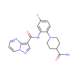 NC(=O)C1CCN(c2ccc(Cl)cc2NC(=O)c2cnn3cccnc23)CC1 ZINC000113651694