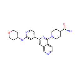 NC(=O)C1CCN(c2nc(-c3ccnc(NC4CCOCC4)c3)cc3cnccc23)CC1 ZINC000058574929