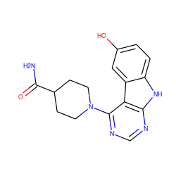 NC(=O)C1CCN(c2ncnc3[nH]c4ccc(O)cc4c23)CC1 ZINC000221380115