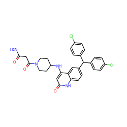 NC(=O)CC(=O)N1CCC(Nc2cc(=O)[nH]c3ccc(C(c4ccc(Cl)cc4)c4ccc(Cl)cc4)cc23)CC1 ZINC001772647794