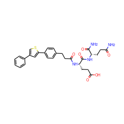 NC(=O)CC[C@H](NC(=O)[C@H](CCC(=O)O)NC(=O)CCc1ccc(-c2cc(-c3ccccc3)cs2)cc1)C(N)=O ZINC000144372193