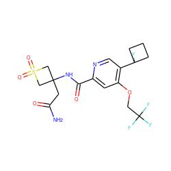 NC(=O)CC1(NC(=O)c2cc(OCC(F)(F)F)c(C3(F)CCC3)cn2)CS(=O)(=O)C1 ZINC000149256783