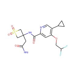 NC(=O)CC1(NC(=O)c2cc(OCC(F)F)c(C3CC3)cn2)CS(=O)(=O)C1 ZINC000149256122