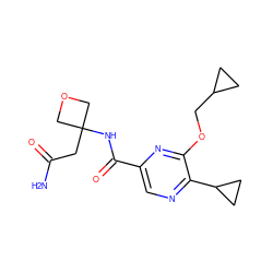 NC(=O)CC1(NC(=O)c2cnc(C3CC3)c(OCC3CC3)n2)COC1 ZINC000219764592