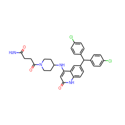 NC(=O)CCC(=O)N1CCC(Nc2cc(=O)[nH]c3ccc(C(c4ccc(Cl)cc4)c4ccc(Cl)cc4)cc23)CC1 ZINC001772578287