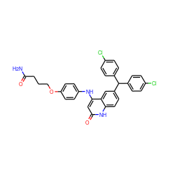 NC(=O)CCCOc1ccc(Nc2cc(=O)[nH]c3ccc(C(c4ccc(Cl)cc4)c4ccc(Cl)cc4)cc23)cc1 ZINC001772623375