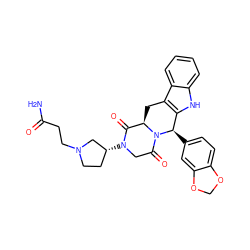 NC(=O)CCN1CC[C@@H](N2CC(=O)N3[C@H](Cc4c([nH]c5ccccc45)[C@H]3c3ccc4c(c3)OCO4)C2=O)C1 ZINC000029216806