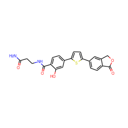 NC(=O)CCNC(=O)c1ccc(-c2ccc(-c3ccc4c(c3)COC4=O)s2)cc1O ZINC000653705302