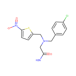 NC(=O)CN(Cc1ccc(Cl)cc1)Cc1ccc([N+](=O)[O-])s1 ZINC000084687509