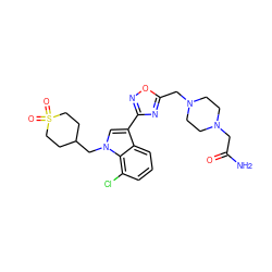 NC(=O)CN1CCN(Cc2nc(-c3cn(CC4CCS(=O)(=O)CC4)c4c(Cl)cccc34)no2)CC1 ZINC000084596920