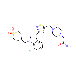 NC(=O)CN1CCN(Cc2nc(-c3cn(CC4CCS(=O)(=O)CC4)c4c(Cl)cccc34)ns2)CC1 ZINC000084619493