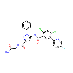 NC(=O)CNC(=O)c1cc(NC(=O)c2cc(-c3ccc(F)cn3)c(Cl)cc2Cl)n(-c2ccccc2)n1 ZINC001772593443