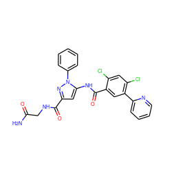 NC(=O)CNC(=O)c1cc(NC(=O)c2cc(-c3ccccn3)c(Cl)cc2Cl)n(-c2ccccc2)n1 ZINC001772624605