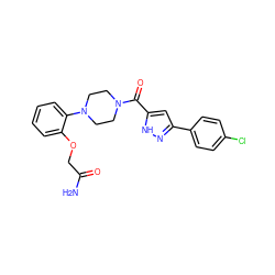 NC(=O)COc1ccccc1N1CCN(C(=O)c2cc(-c3ccc(Cl)cc3)n[nH]2)CC1 ZINC000071330904