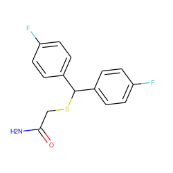 NC(=O)CSC(c1ccc(F)cc1)c1ccc(F)cc1 ZINC000000003850