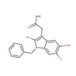 NC(=O)Cc1c(Br)n(Cc2ccccc2)c2cc(Cl)c(O)cc12 ZINC000013445744