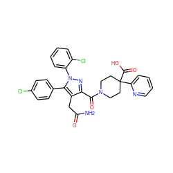 NC(=O)Cc1c(C(=O)N2CCC(C(=O)O)(c3ccccn3)CC2)nn(-c2ccccc2Cl)c1-c1ccc(Cl)cc1 ZINC000049757503