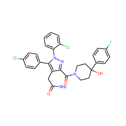 NC(=O)Cc1c(C(=O)N2CCC(O)(c3ccc(F)cc3)CC2)nn(-c2ccccc2Cl)c1-c1ccc(Cl)cc1 ZINC000049767794