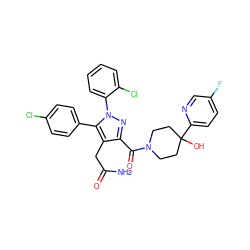 NC(=O)Cc1c(C(=O)N2CCC(O)(c3ccc(F)cn3)CC2)nn(-c2ccccc2Cl)c1-c1ccc(Cl)cc1 ZINC000049762217