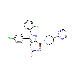 NC(=O)Cc1c(C(=O)N2CCC(c3ncccn3)CC2)nn(-c2ccccc2Cl)c1-c1ccc(Cl)cc1 ZINC000049757360