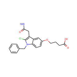 NC(=O)Cc1c(Cl)n(Cc2ccccc2)c2ccc(OCCCC(=O)O)cc12 ZINC000001540044