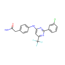 NC(=O)Cc1ccc(Nc2cc(C(F)(F)F)nc(-c3cccc(Cl)c3)n2)cc1 ZINC000142946537