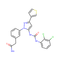 NC(=O)Cc1cccc(-n2nc(-c3ccsc3)cc2NC(=O)Nc2cccc(Cl)c2Cl)c1 ZINC000038211592