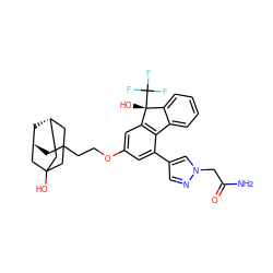 NC(=O)Cn1cc(-c2cc(OCCC34C[C@H]5C[C@@H](CC(O)(C5)C3)C4)cc3c2-c2ccccc2[C@@]3(O)C(F)(F)F)cn1 ZINC000144882177