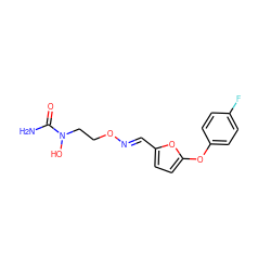 NC(=O)N(O)CCO/N=C/c1ccc(Oc2ccc(F)cc2)o1 ZINC000013762947